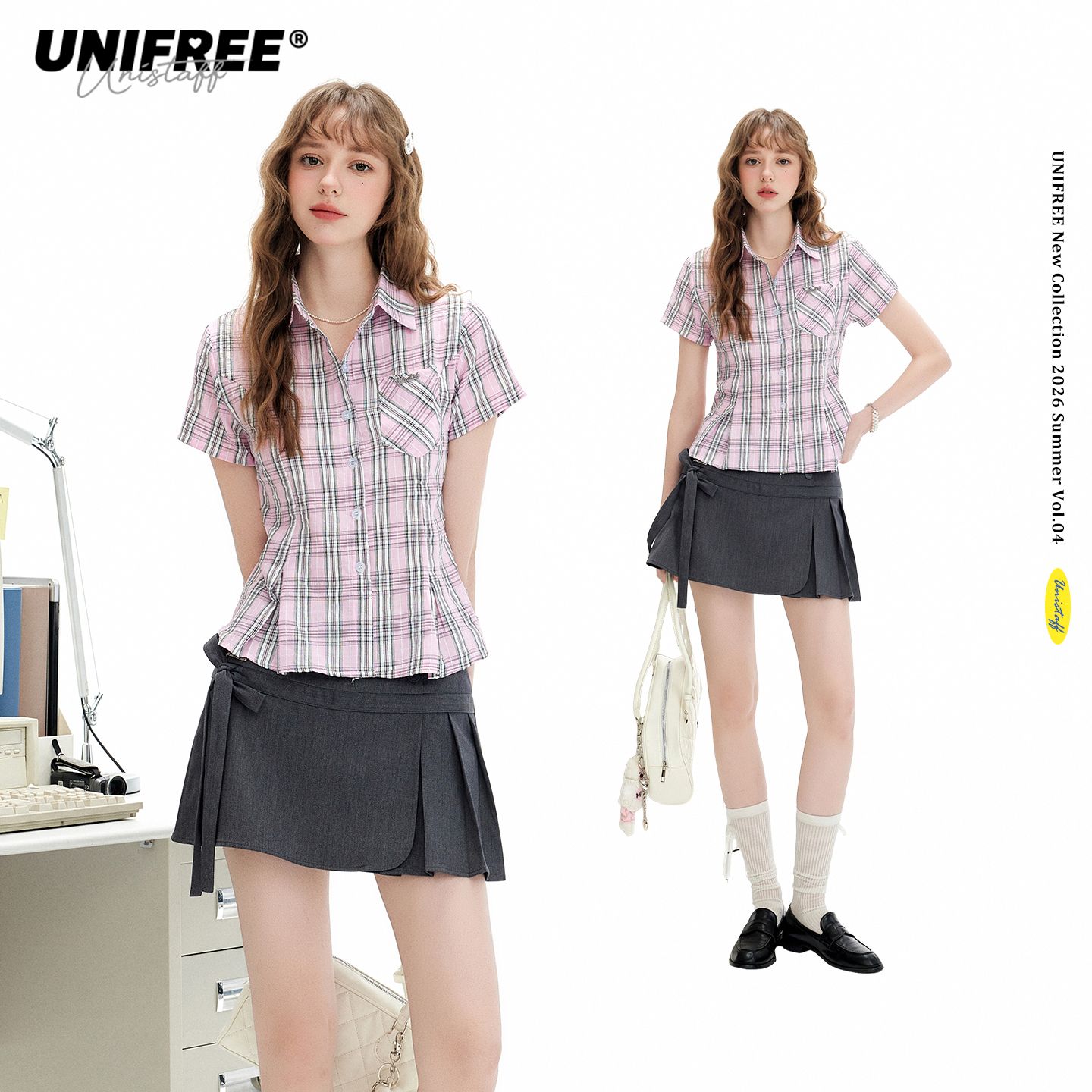 13676001.UNIFREE粉色格纹短袖衬衫女夏季新款收腰正肩韩系学院风百搭衬衣U262D120B1B1