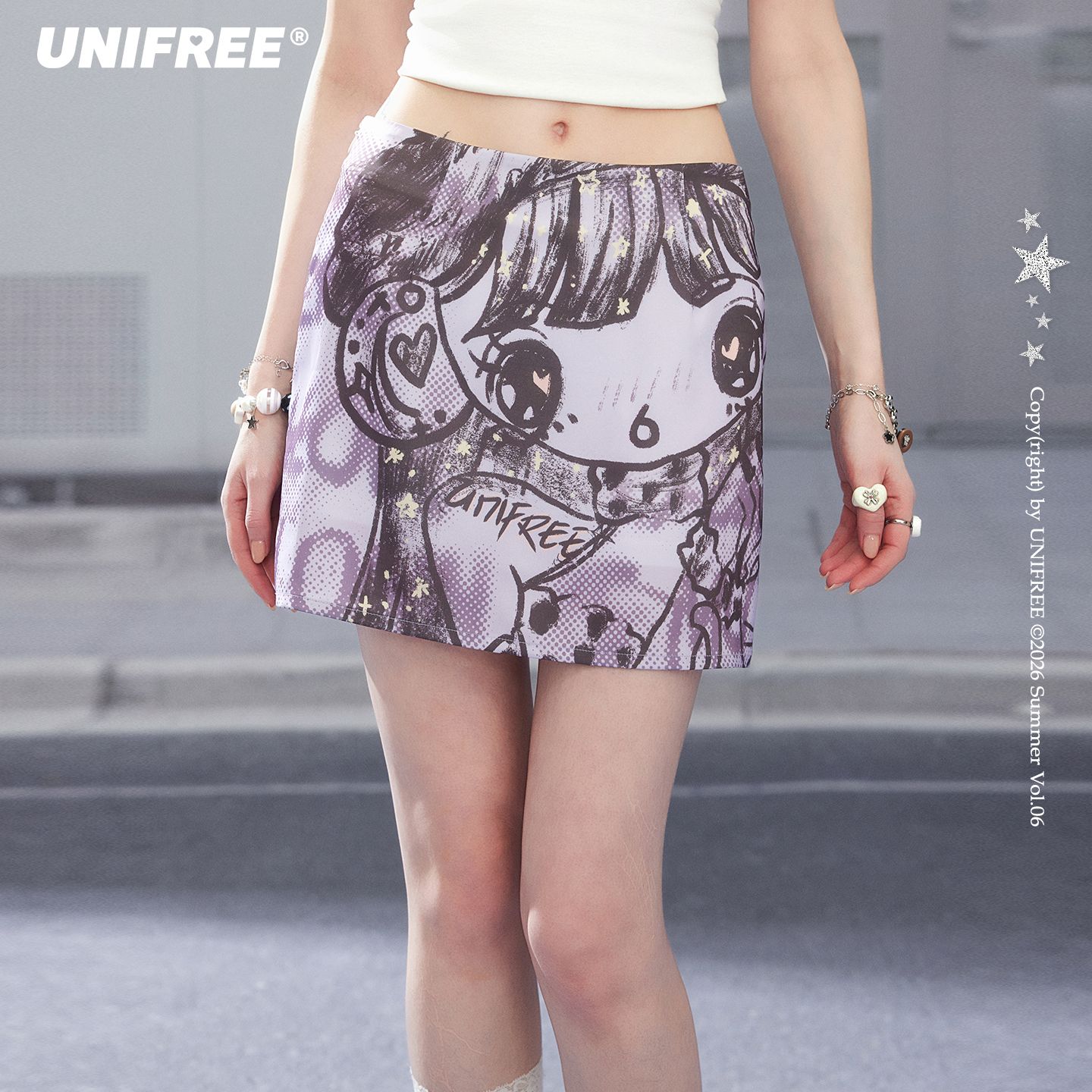 13675938.【插画师联名】UNIFREE紫色印花半身裙韩系少女夏季显瘦包臀短裙U262Q529G1G1