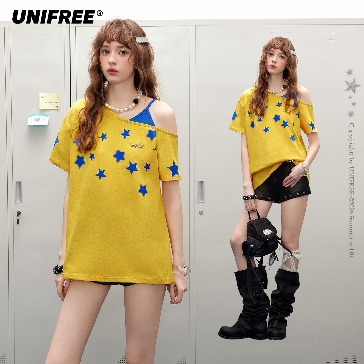 13676194.UNIFREE黄色假两件斜肩短袖T恤夏季星星印花露肩宽松美式复古上衣U262G078B1B1