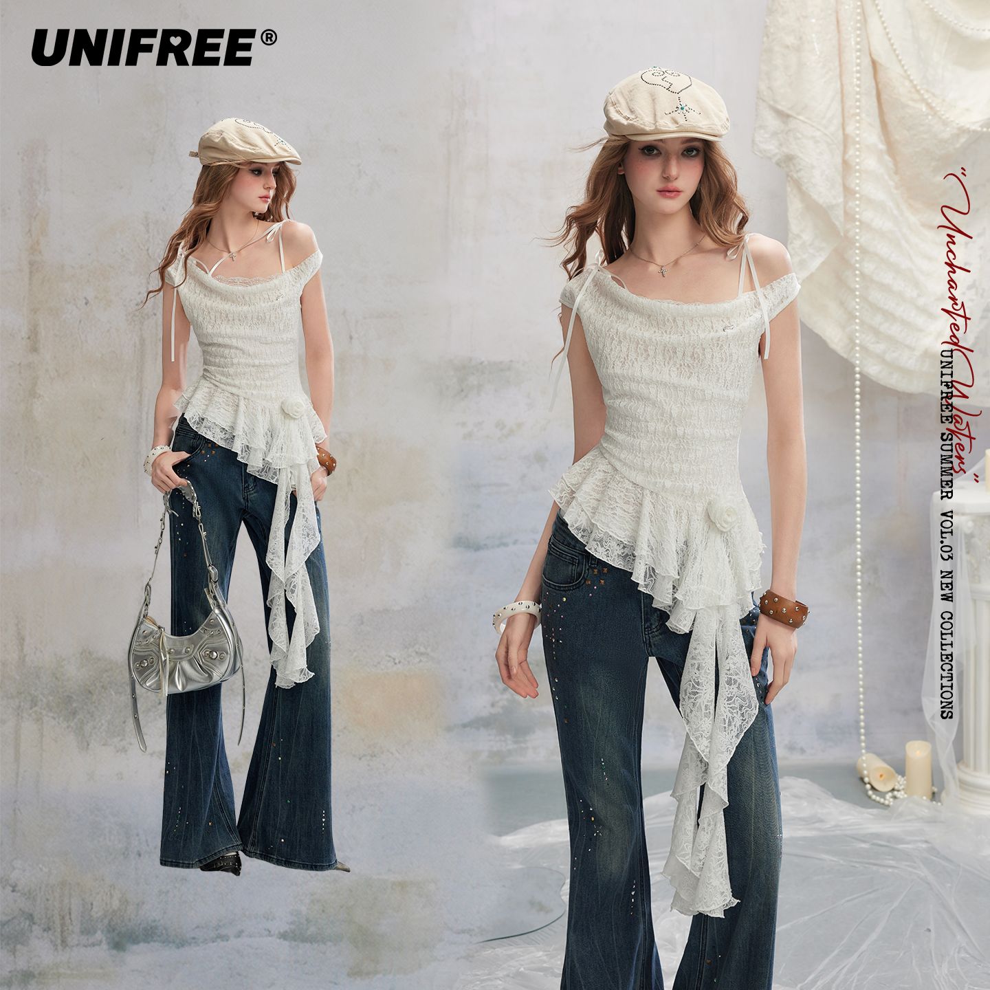 13675825.UNIFREE白色斜肩蕾丝肌理雪纺衫荡领不规则收腰重工露肩吊带上衣U262U099Z1Z1