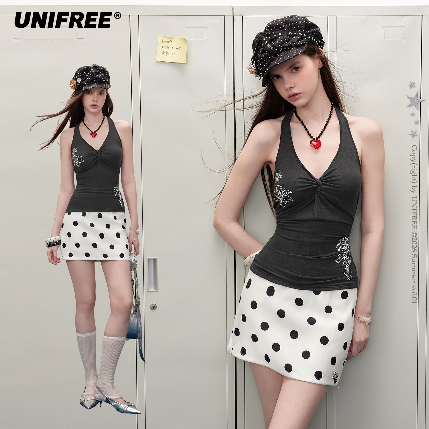 13676153.UNIFREE辣妹V领挂脖背心女夏季新款收腰纽结烫钻性感外穿小吊带U262R031V1A1