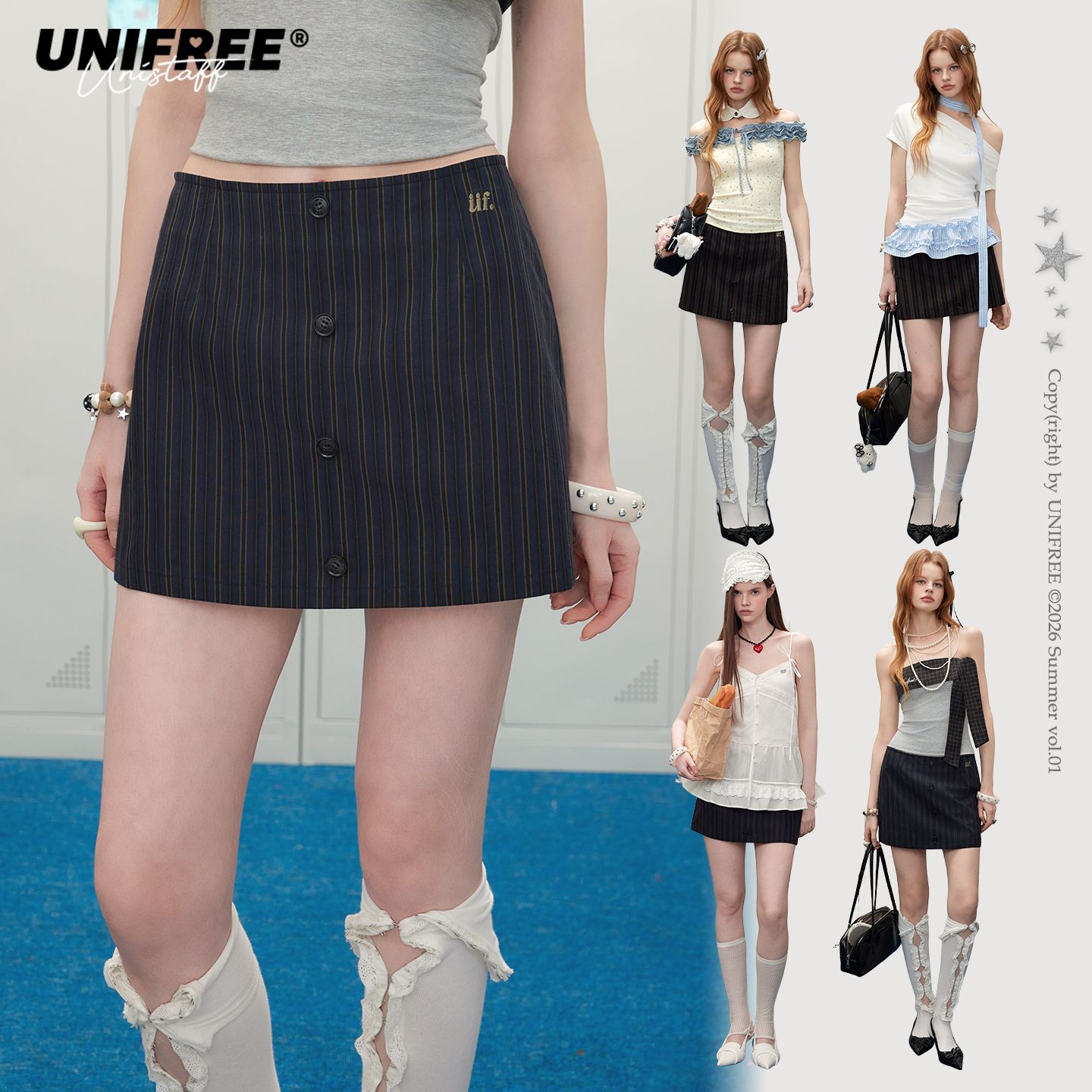 13676401.UNIFREE美式竖条纹半身裙夏季新款直筒显瘦辣妹复古通勤包臀短裙U262Q417G1G1