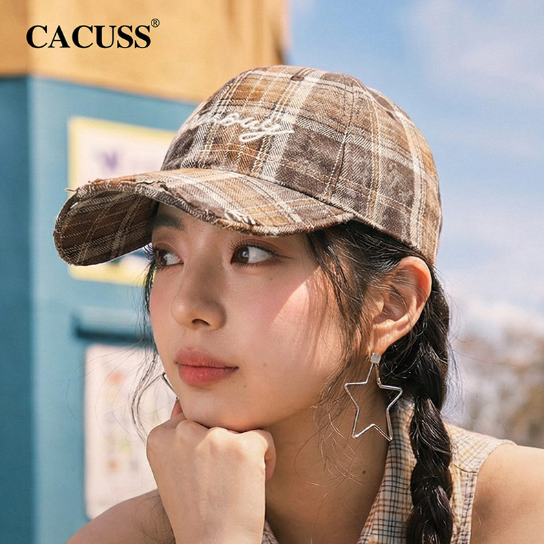 13509388.CACUSS 复古格纹鸭舌帽扎染毛边棒球帽
