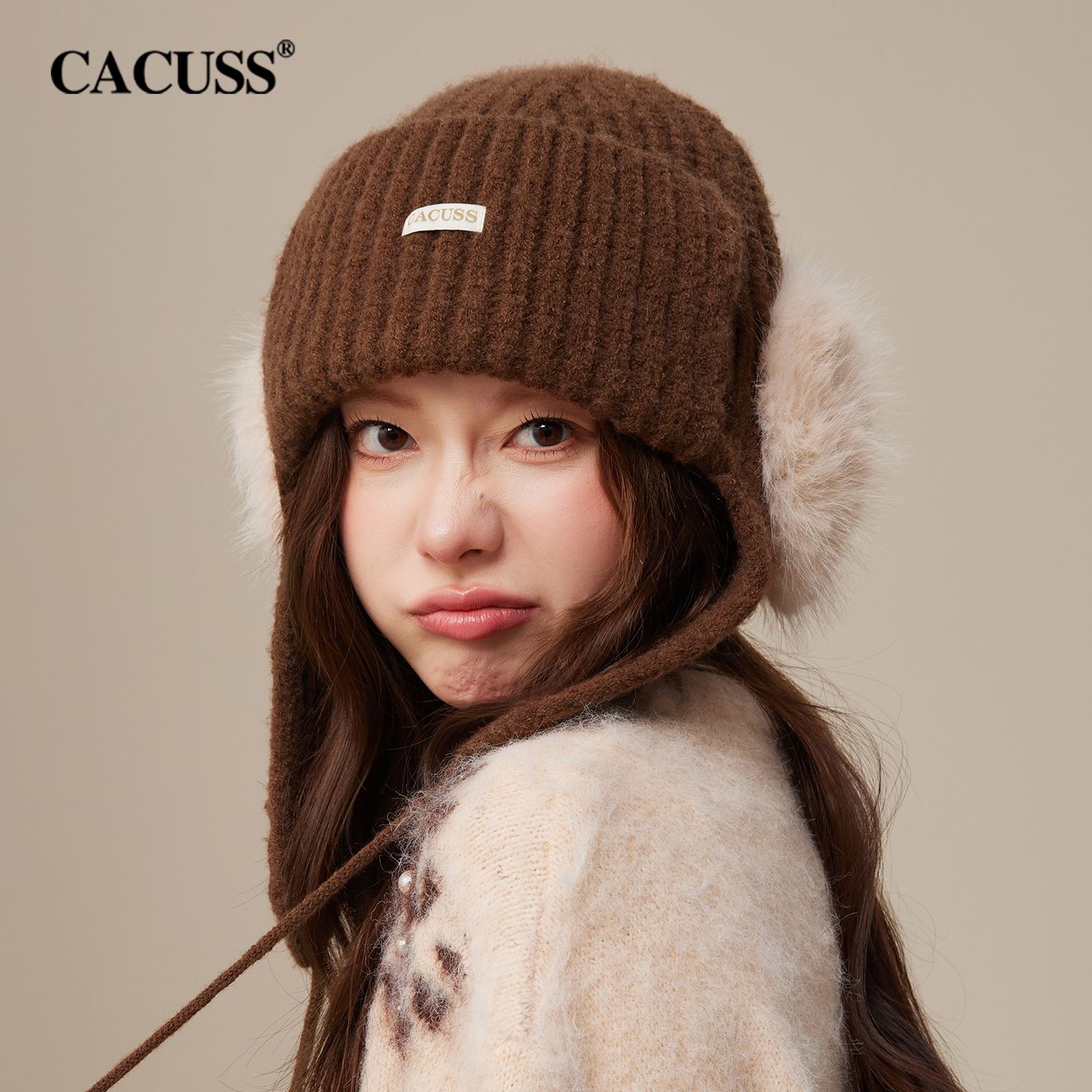 13844917.CACUSS 针织雷锋帽冬季加厚保暖护耳帽 毛球帽包脸显小 软糯北极绒
