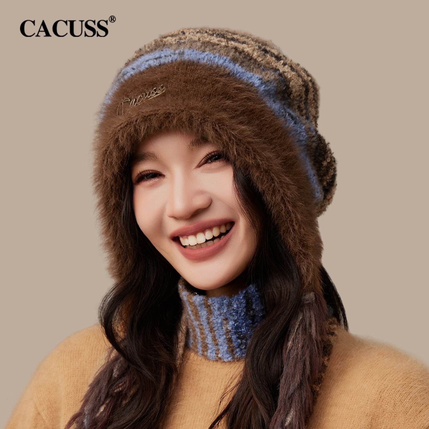 13847002.CACUSS针织帽女冬季加绒保暖 仿貂毛护耳帽 帽包脸显小 慵懒风 户外帽子