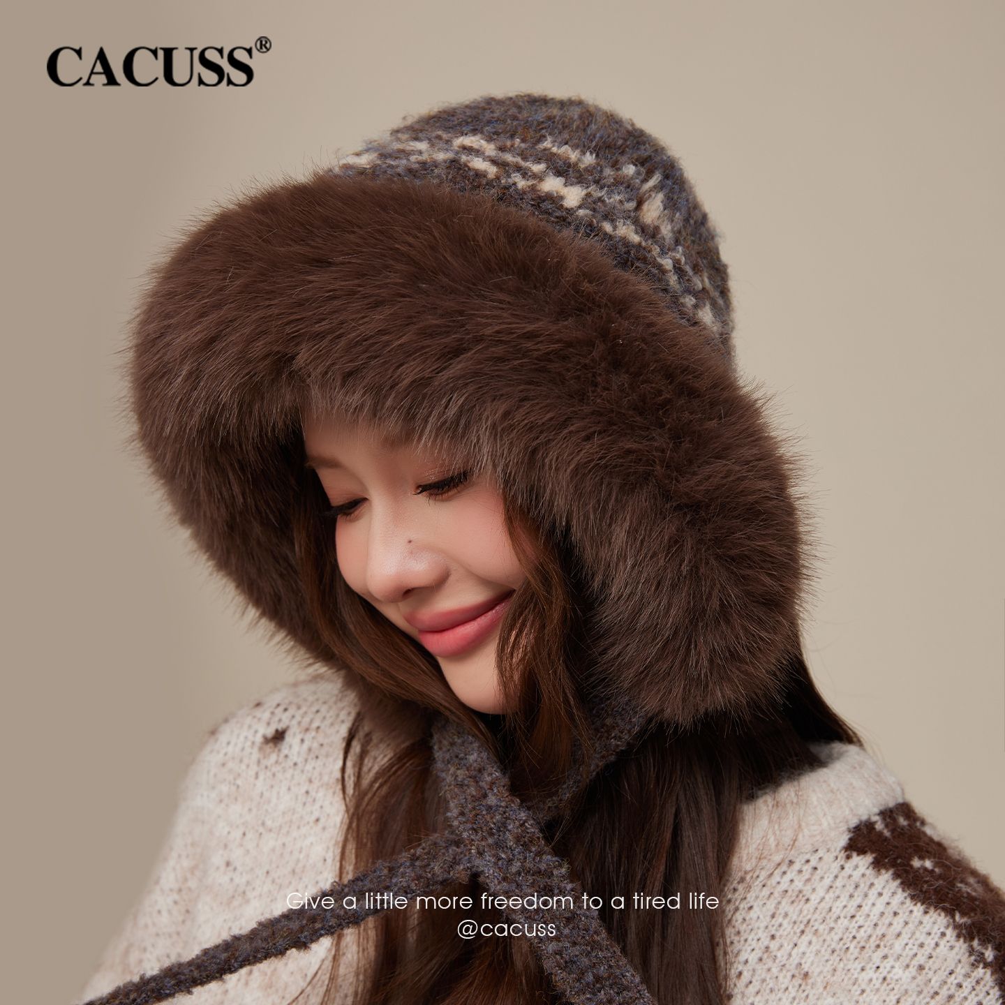 13847623.CACUSS 针织帽女冬季加厚保暖 仿狐狸毛护耳帽 显脸小大头围 户外帽子秋冬