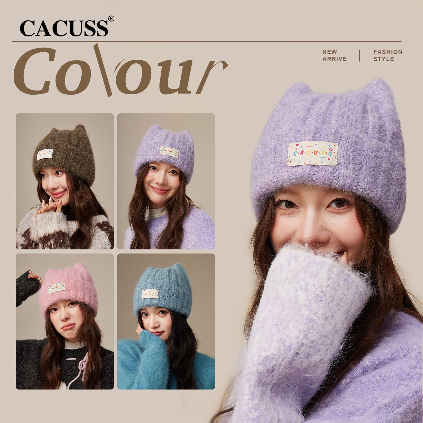 13847444.CACUSS 猫耳针织帽女冬季加厚保暖 显脸小毛线帽 ins 风少女感 户外针织帽子