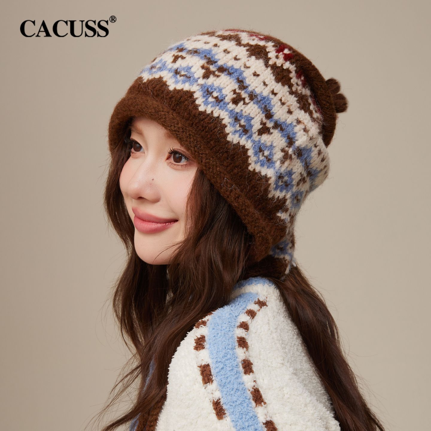 13847138.CACUSS 针织帽女冬季加长护耳 费尔岛提花保暖帽 帽包脸显小 户外帽子