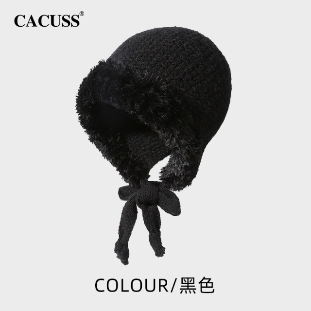 13847610.CACUSS 针织护耳帽冬季加厚保暖 含羊毛仿水貂毛兜帽 显脸小文艺风 户外围巾