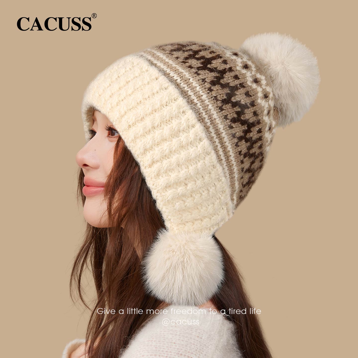 13844509.CACUSS费尔岛复古提花毛球护耳针织帽 冬季加绒加厚保暖毛线帽 三色百搭