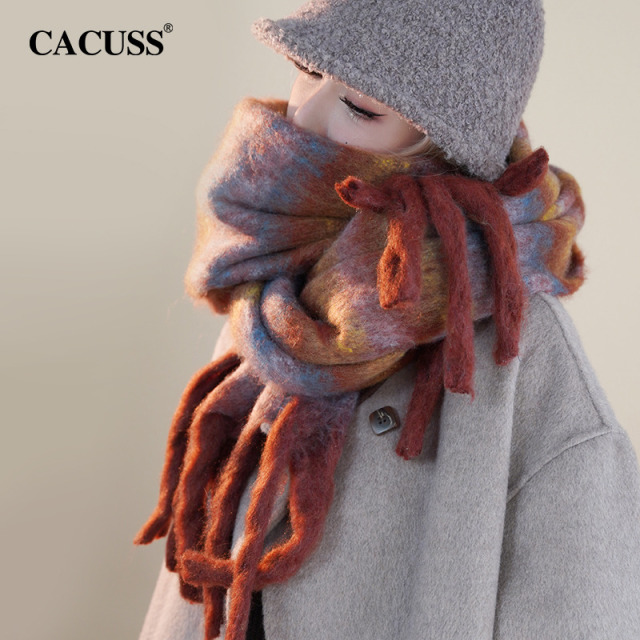 13845738.CACUSS 复古撞色围巾秋冬加厚保暖 流苏围巾软糯亲肤 户外围巾大号披肩两用