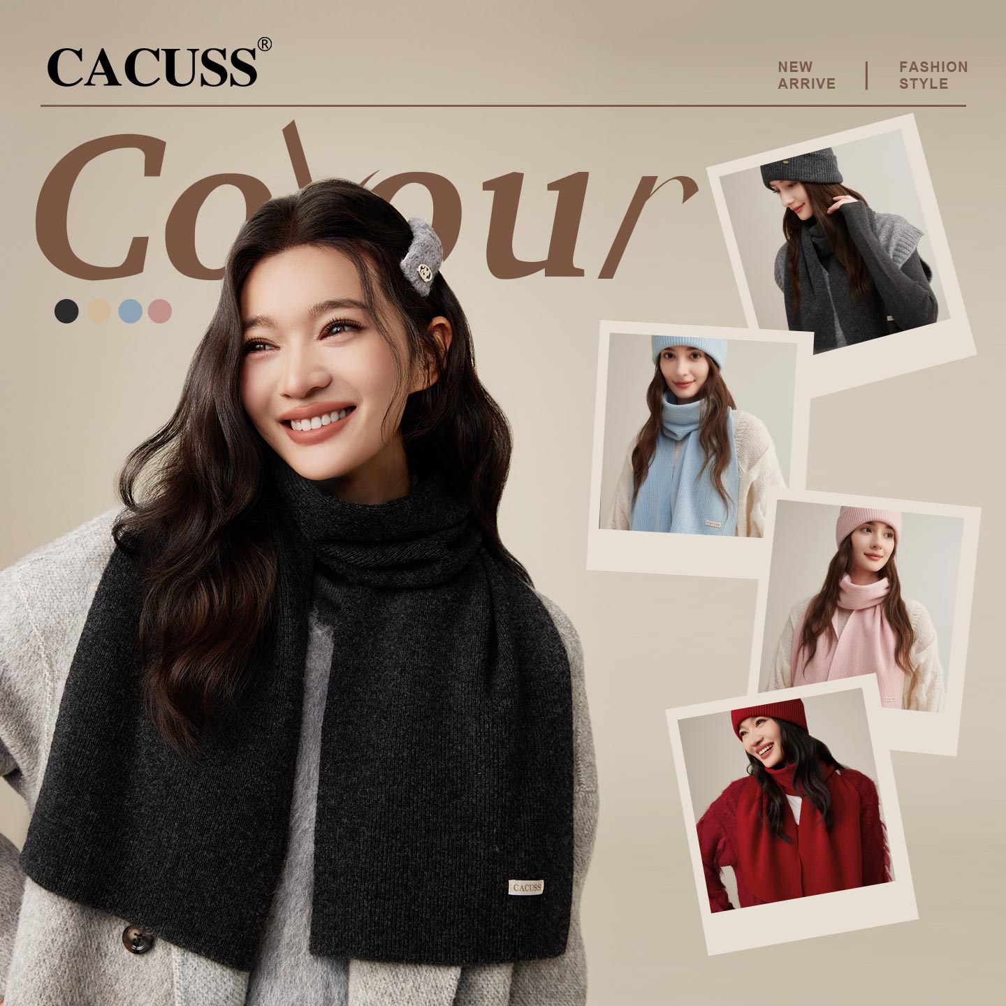 13848518.CACUSS 羊毛围巾女秋冬 100% 纯羊毛 纯色针织小围巾 轻薄保暖 户外围巾保暖