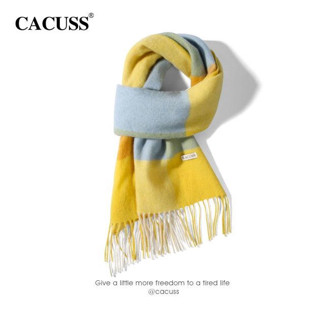 13850480.CACUSS 羊毛围巾秋冬 100%纯羊毛 黄蓝格纹流苏围巾 保暖厚实 运动户外围巾配饰