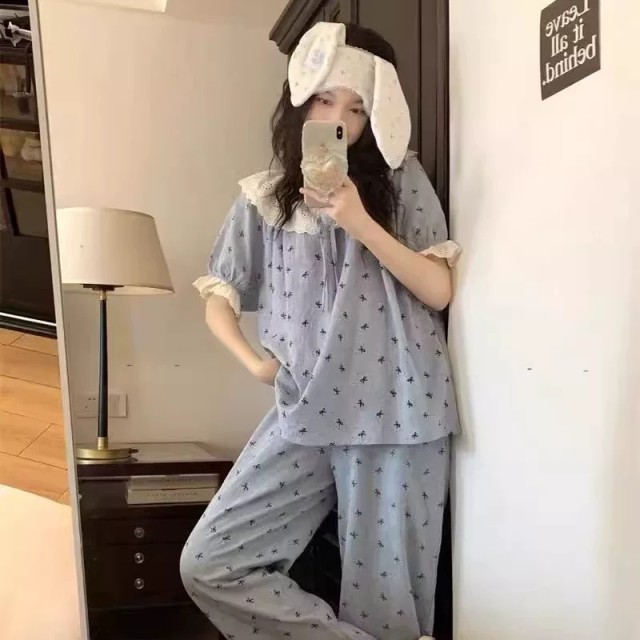 13745771.意达鸟短袖长裤睡衣女士夏季云朵棉蕾丝花边蝴蝶结甜美两件套家居服套装