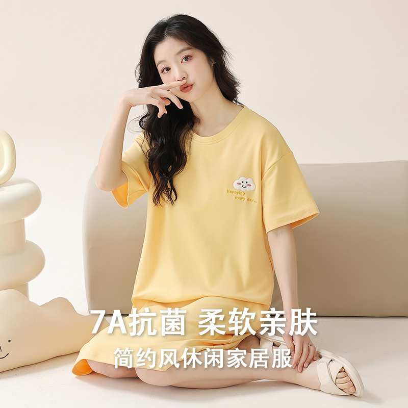 13745799.意达鸟7A抗菌睡裙女夏季A类纯棉薄款圆领中长连衣裙宽松简约睡衣家居服