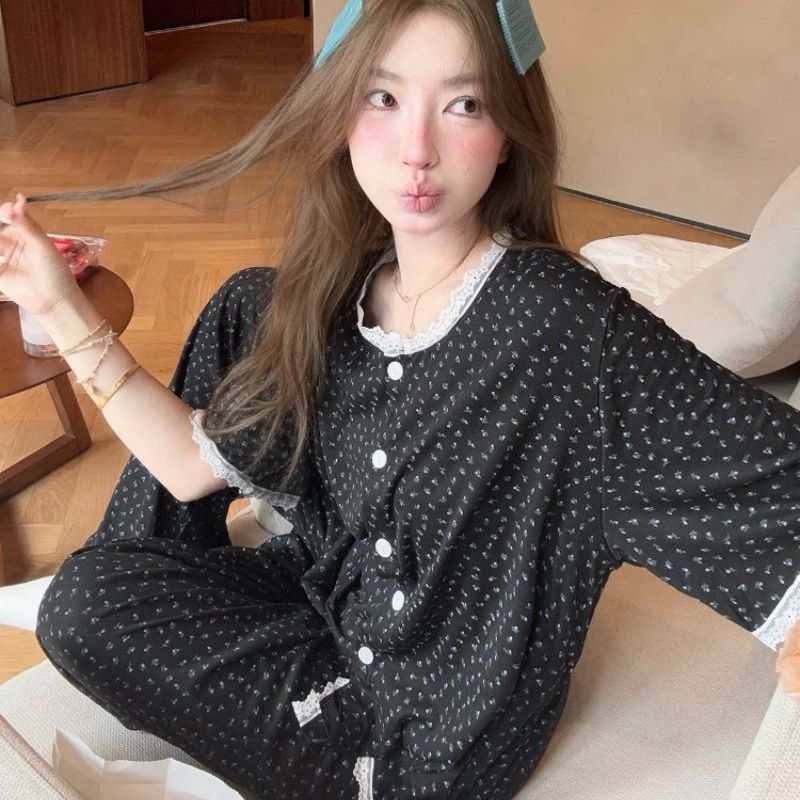 13745598.意达鸟韩国ins甜美蕾丝碎花波点睡衣女新款夏季莫代尔套装家居服