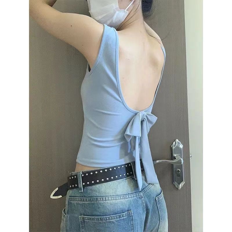 13770281.意达鸟美背文胸一体背心女夏外穿韩版修身显瘦纯欲甜美带胸垫蝴蝶结上衣