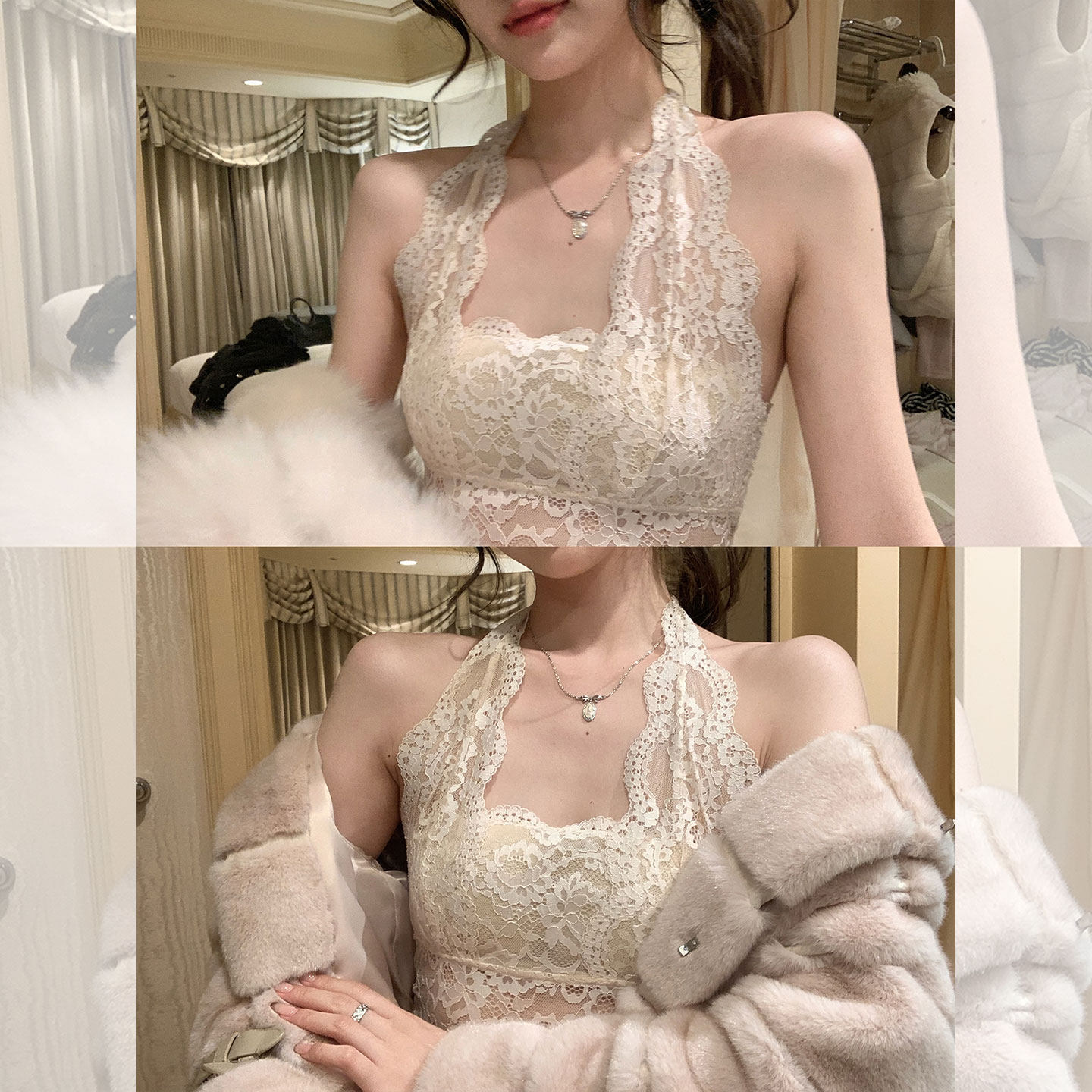 13769951.意达鸟挂脖内衣蕾丝吊带背心女西装内搭打底带胸垫美背文胸一体露背上衣