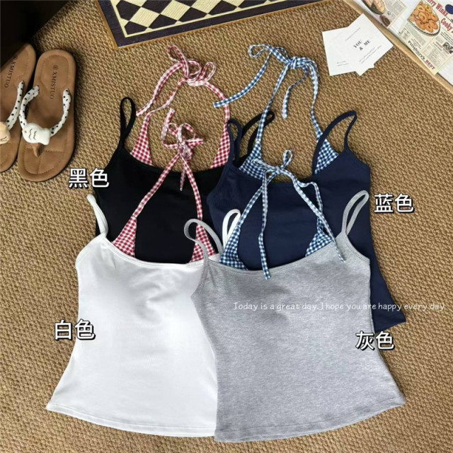 13770406.意达鸟泰式独特海边吊带假两件带胸垫背心女夏装巨好看灰色挂脖无袖上衣