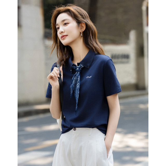 13762659.诗茉琳清爽云氧棉夏季珠地网眼Polo领飘带绣花显瘦t恤女高级感