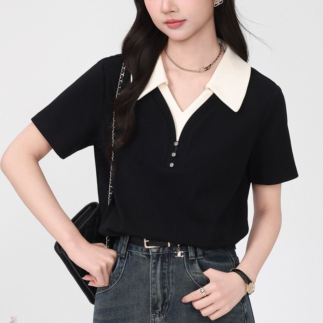 13762663.诗茉琳2026夏季新款黑杏拼接短袖POLO衫女假两件气质显瘦正肩t恤上衣