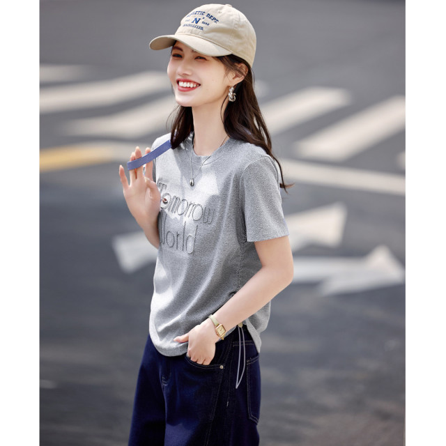 13762666.诗茉琳高级感立体字母T恤夏季时尚百搭圆领抽绳调节上衣女
