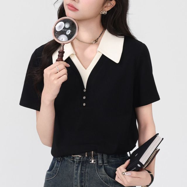 13762663.诗茉琳2026夏季新款黑杏拼接短袖POLO衫女假两件气质显瘦正肩t恤上衣