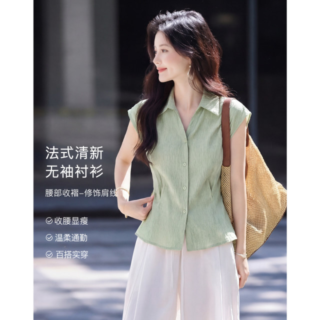 13762669.诗茉琳轻通勤松弛感气质衬衫26年夏新收腰翻领无袖女式衬衫