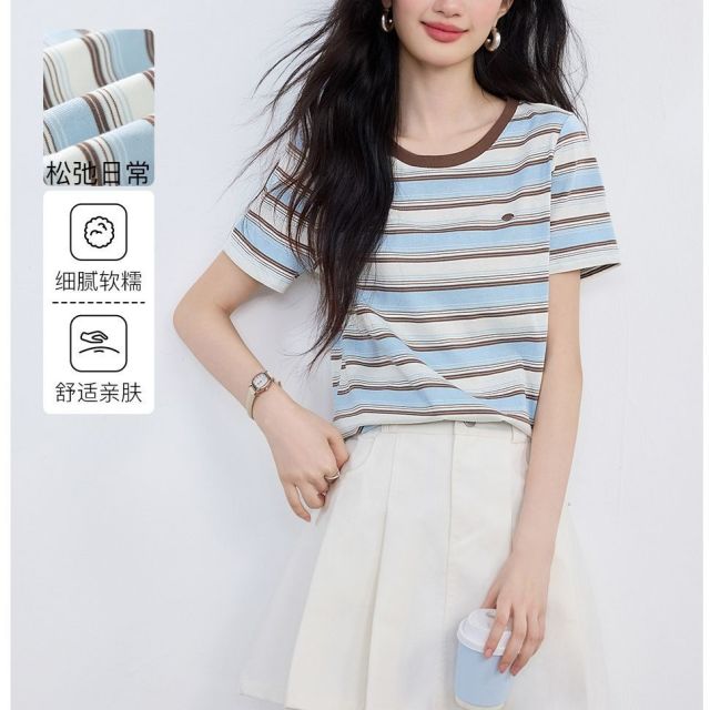 13762672.诗茉琳复古撞色条纹松弛感t恤女2026夏季新款休闲显瘦百搭圆领短袖上衣