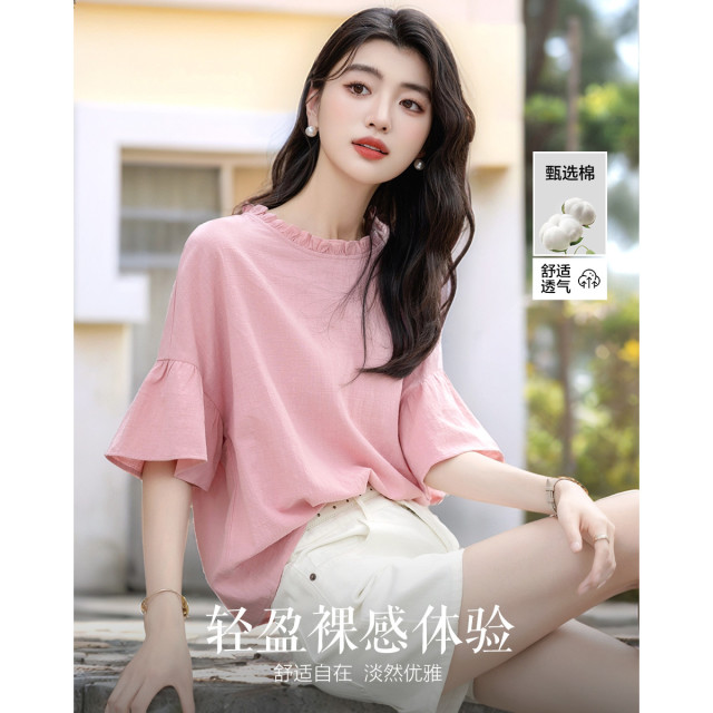 13762650.诗茉琳自然亲肤夏季法式花边圆领荷叶袖衬衫宽松小个子衬衣女装上衣