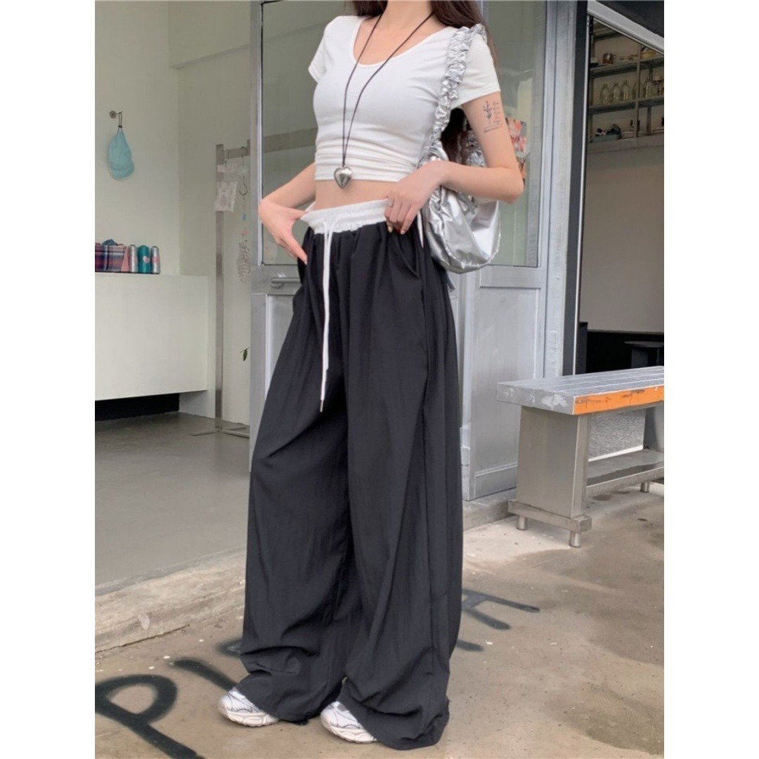 13762625.诗茉琳夏季新款高腰显瘦宽松拖地长裤女抽绳撞色薄款速干阔腿休闲裤