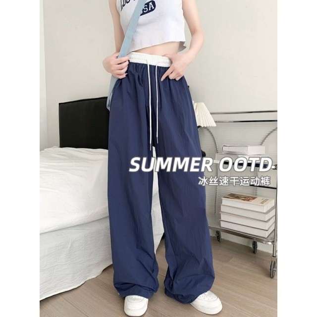 13762625.诗茉琳夏季新款高腰显瘦宽松拖地长裤女抽绳撞色薄款速干阔腿休闲裤
