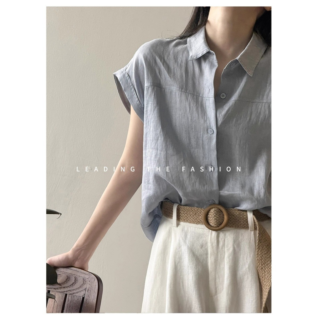 13762623.诗茉琳2026夏季高端蓝色短袖衬衫女夏通勤穿搭衬衣小飞袖无袖上衣高级感