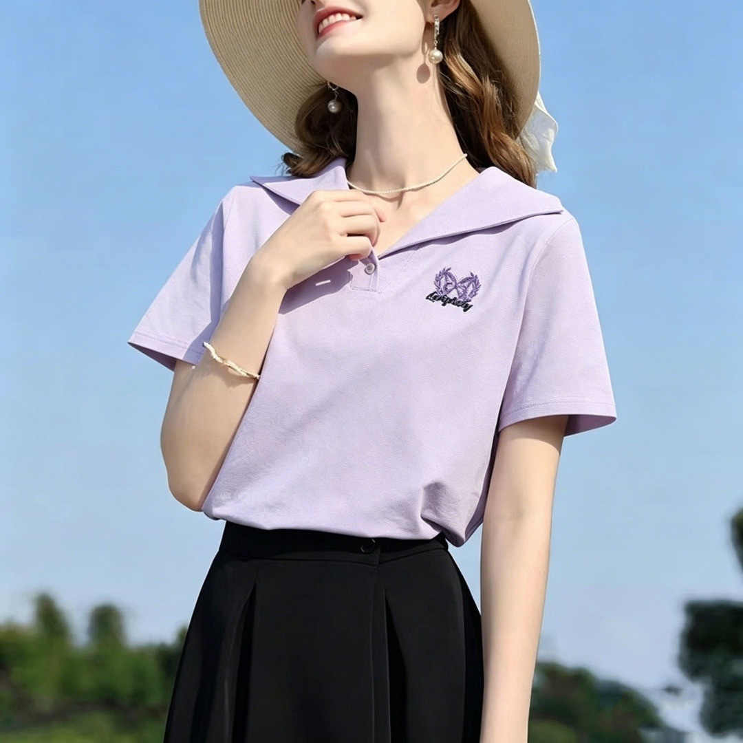 13762641.诗茉琳复古海军领刺绣短袖T恤女2026夏季新款气质通勤休闲百搭显瘦上衣