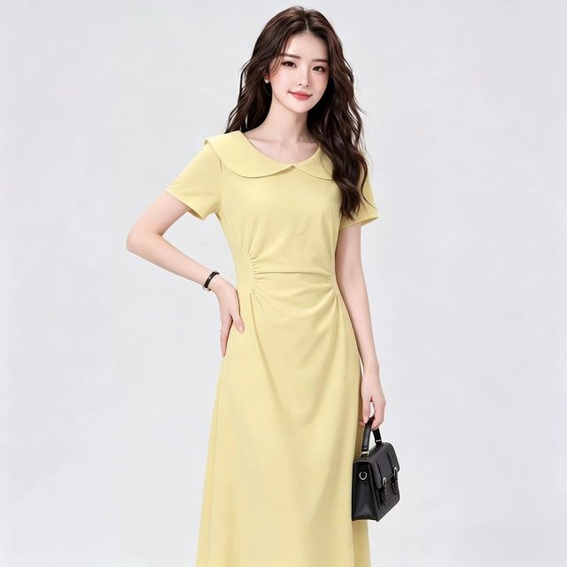 13762576.诗茉琳小清新奶油黄娃娃领纯色连衣裙简约设计中长款修身显瘦裙子26新款