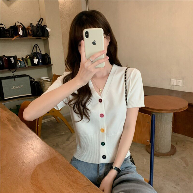 13762589.诗茉琳夏装V领2026新款韩版纽扣开衫修身显瘦百搭短袖上针织衣