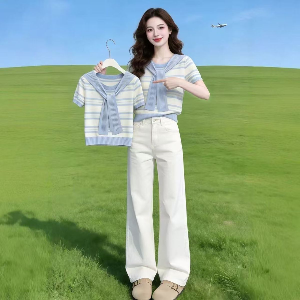 13762582.诗茉琳小香风洋气披肩条纹拼色针织衫短袖2026夏装新款女装韩系学生T恤