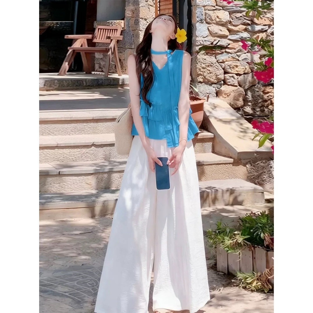 13762597.诗茉琳韩系气质套装2026夏季新款无袖荷叶衬衫阔腿裤两件套夏装一整套