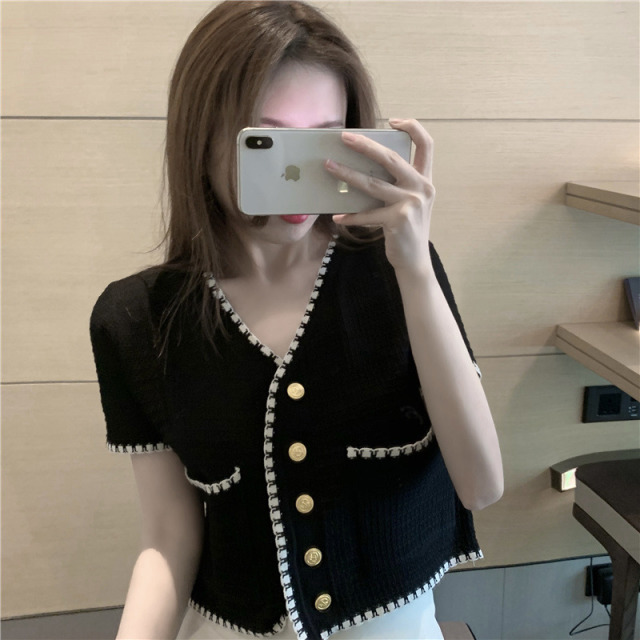 13762588.诗茉琳小香风针织衫短袖女开衫2026夏季款修身V领短款口袋外穿薄款上衣