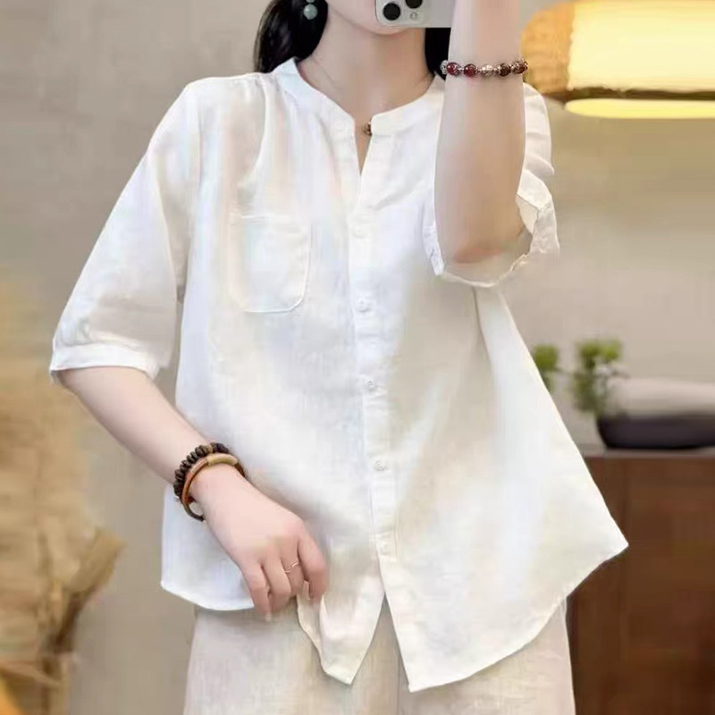 13762592.诗茉琳短袖净版衬衫女单排扣显瘦气质小衫夏季新款宽松百搭开衫女