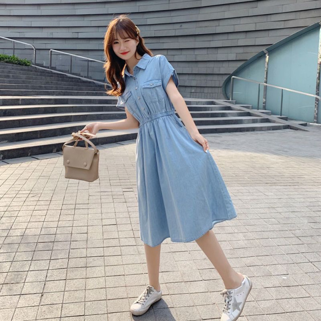 13762586.诗茉琳薄款仿牛仔连衣裙女夏2026新款韩版气质收腰衬衫裙百搭中长裙子