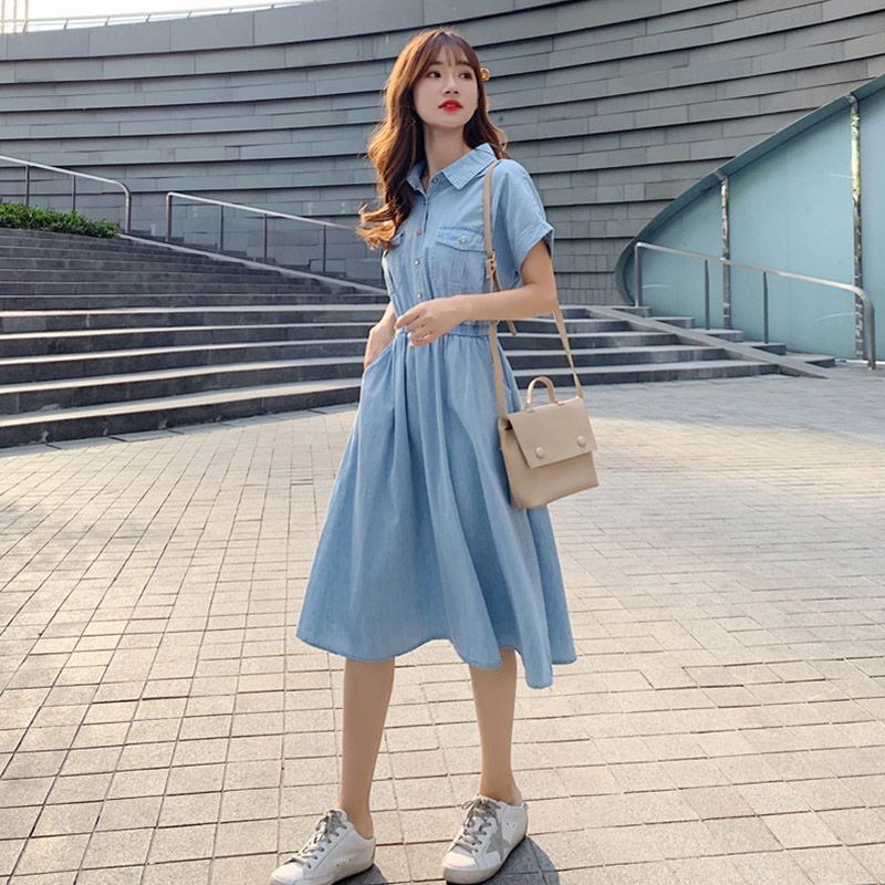13762586.诗茉琳薄款仿牛仔连衣裙女夏2026新款韩版气质收腰衬衫裙百搭中长裙子
