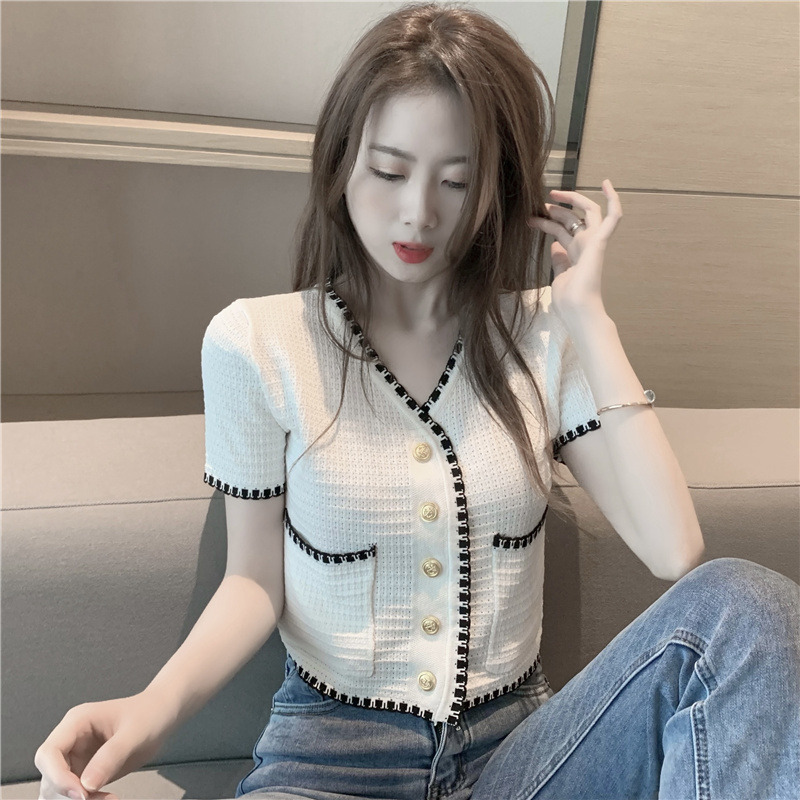 13762588.诗茉琳小香风针织衫短袖女开衫2026夏季款修身V领短款口袋外穿薄款上衣