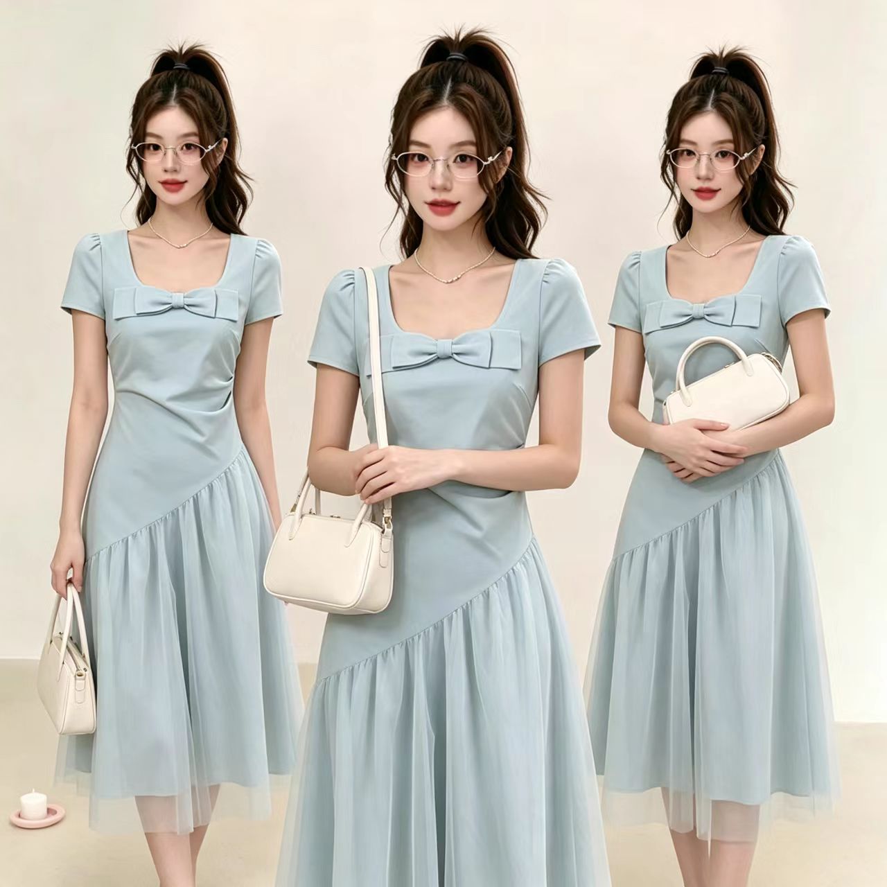 13762577.诗茉琳2026年夏季新款时尚仙女蓬蓬裙温柔拼接收腰显瘦千金风连衣裙女