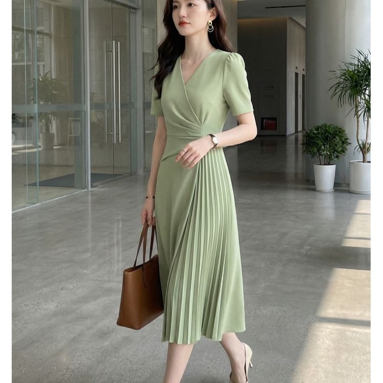 13762564.诗茉琳V领高端短袖西装连衣裙女夏季小个子职业通勤高级感气质修身裙子