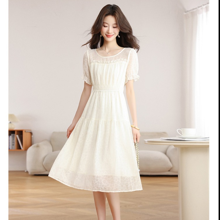 13762554.诗茉琳小个子白色雪纺连衣裙女新款夏季气质圆领收腰遮肚子a字裙子