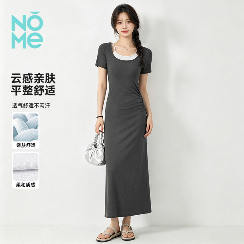 13518871.NOME新款假两件连衣裙女夏季 收腰显瘦气质黑色长款 T 恤裙法式长裙