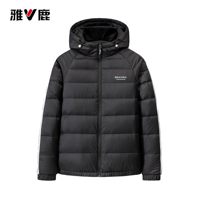 13837230.雅鹿正品轻薄羽绒服男连帽款秋冬休闲黑色条纹上衣 90 白鸭绒便携防寒服