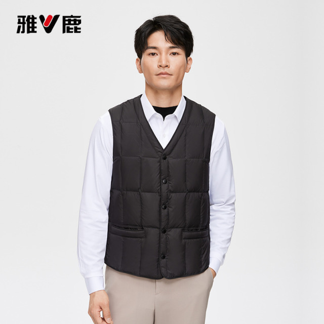 13836750.雅鹿90白鸭绒羽绒马甲男士秋冬新款 V 领按扣内搭坎肩超轻盈高保暖防跑绒背心