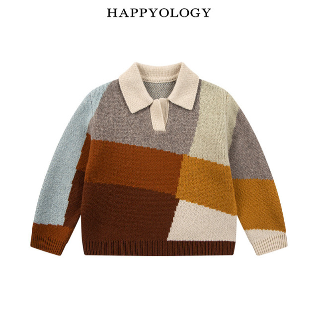 13695312.happyology秋冬新品男女童翻领复古格纹毛衣
